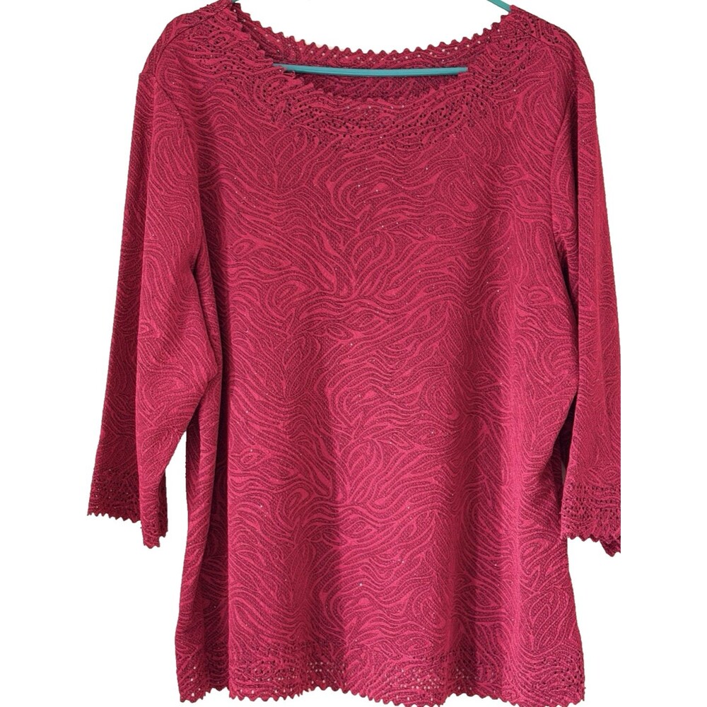 Rebecca Malone Plus Size 1X Red Shimmer Textured Tunic Lace Trim 3/4 Sleeve